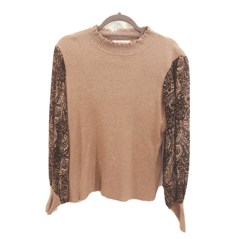 NWT Siani Milano Tan Lettuce Edge neck w/ Paisley Balloon Sleeves Sweater, XL
